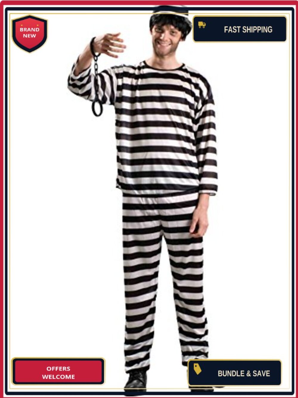 Men's Prisoner Costume Striped Shirt Pants Hat Halloween Cosplay